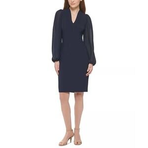 Vince Camuto Dress Womens 6 Navy Blue Sheer Sleeve V-Neck Cocktail Party‎ NWT